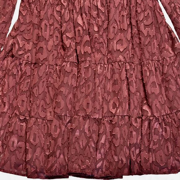 A. Calin Smocked Mini Dress Sz Medium Tiered Burgundy Scoop Neck Long Sleeve NWT - Picture 7 of 13